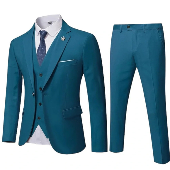 NWT Men's 3 Piece Slim Fit Suit Set, One Button Solid Jacket Vest Pants with Tie - Picture 1 of 8